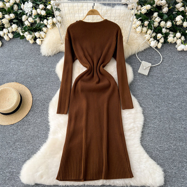 Round Collar Button Decorated Knitted Dress