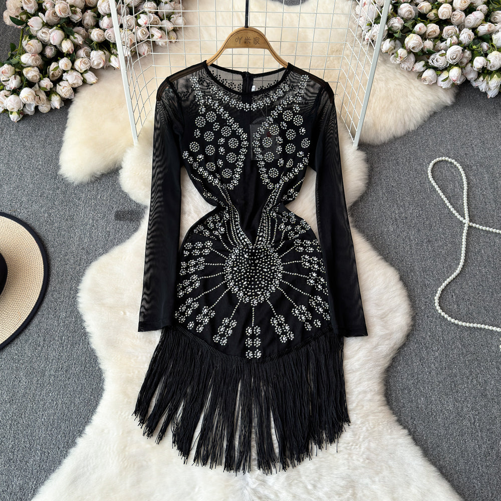 Parti Boncuklu Fringe Siyah Elbise