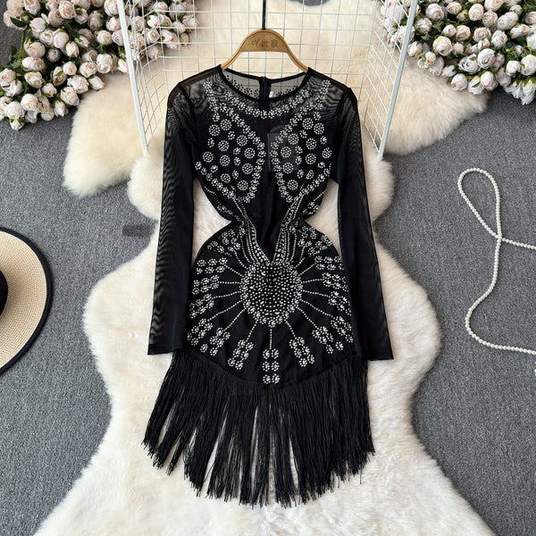 Parti Boncuklu Fringe Siyah Elbise