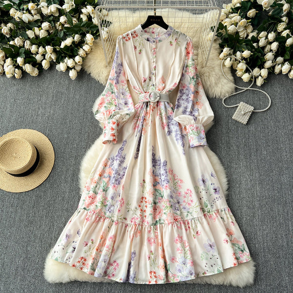 Vintage Flared Sleeve Floral Shirt Dress