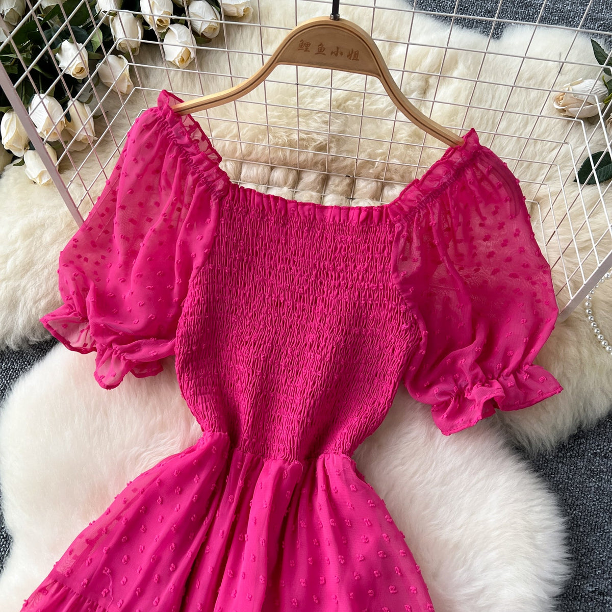 Solid Color Puffy Sleeve Ruffled Dress