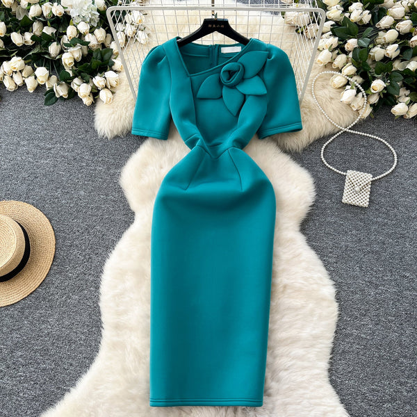 Slant Neckline Puffy Sleeve Dress