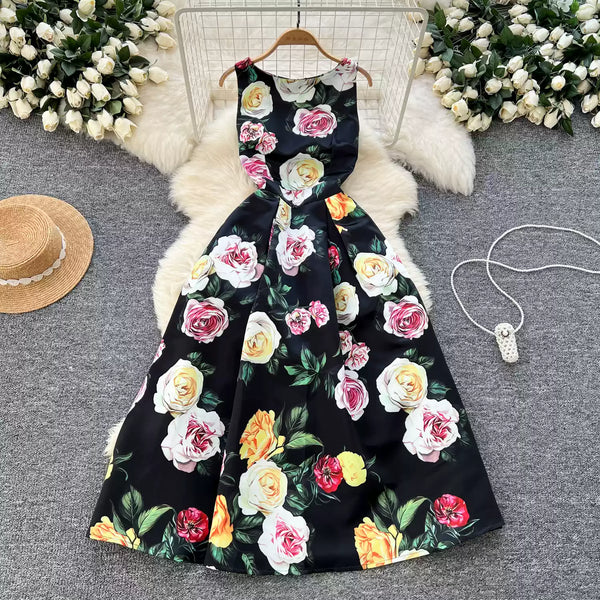 Vintage Sleeveless Floral Printed Dress