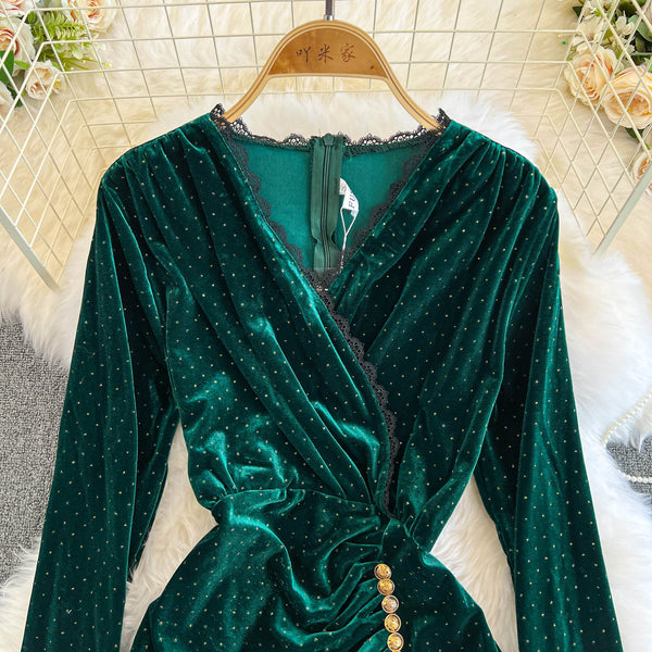 V-neck Beaded Fishtail Suede Dress