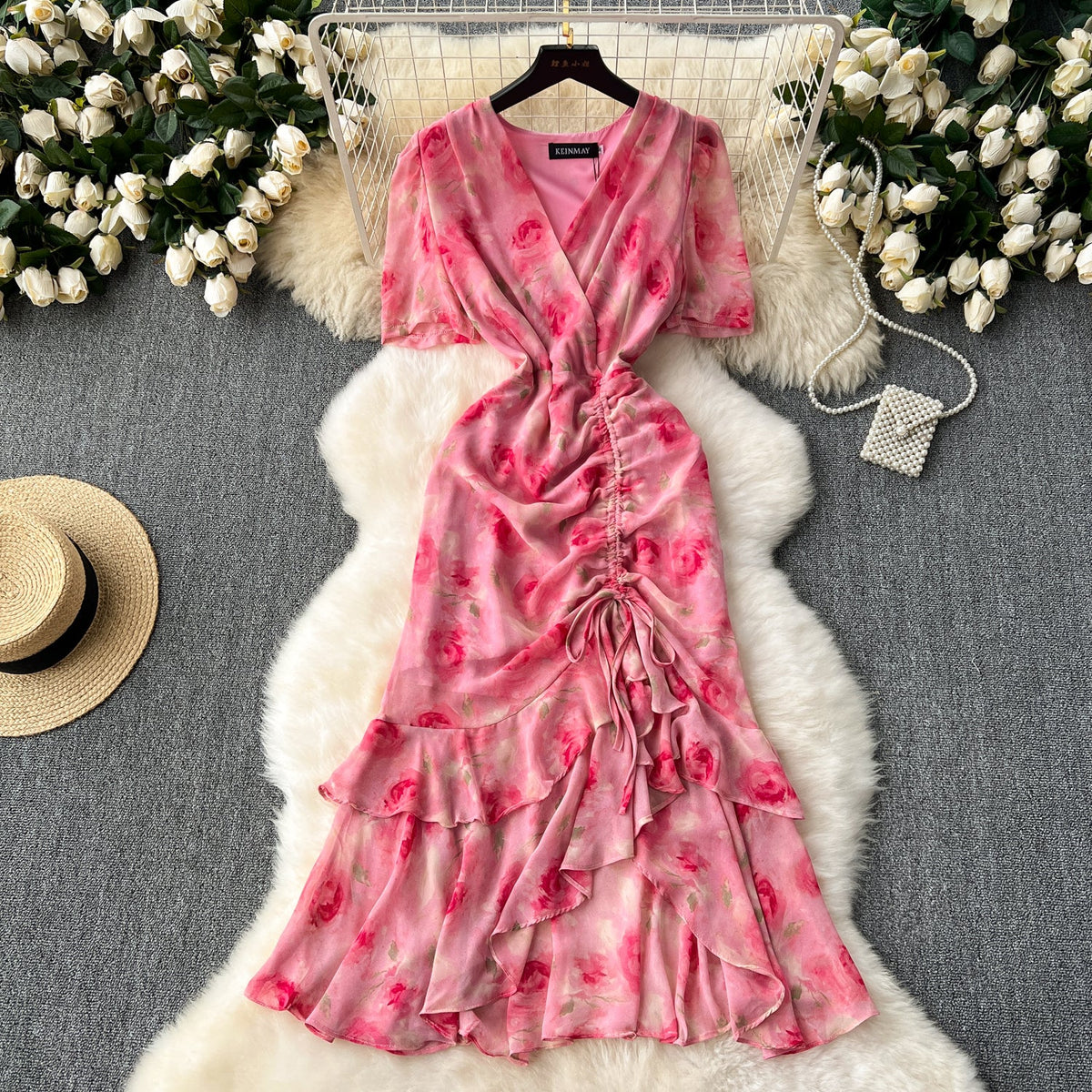 French Style V-neck Floral Fishtail Dress