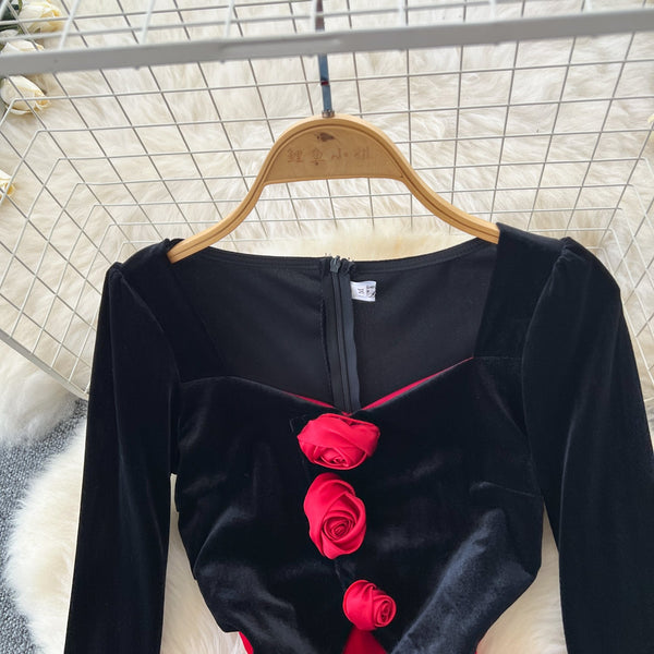 3D Floral Suede Patchwork Dress