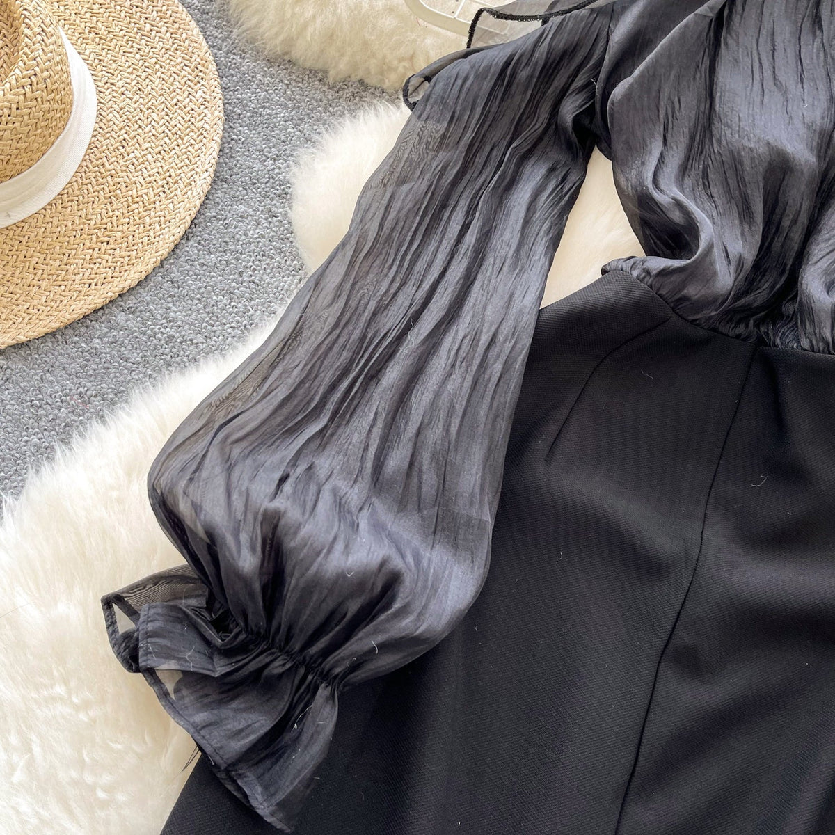French Style Beaded Neckline Black Dress