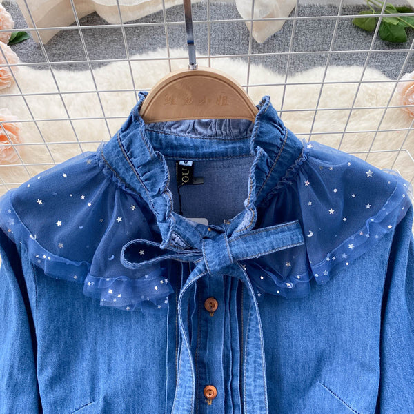 Niche Mesh Patchwork Denim Shirt Dress