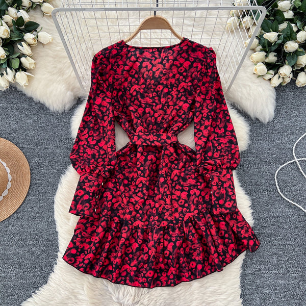 V-neck Floral Printed Ruffled Dress