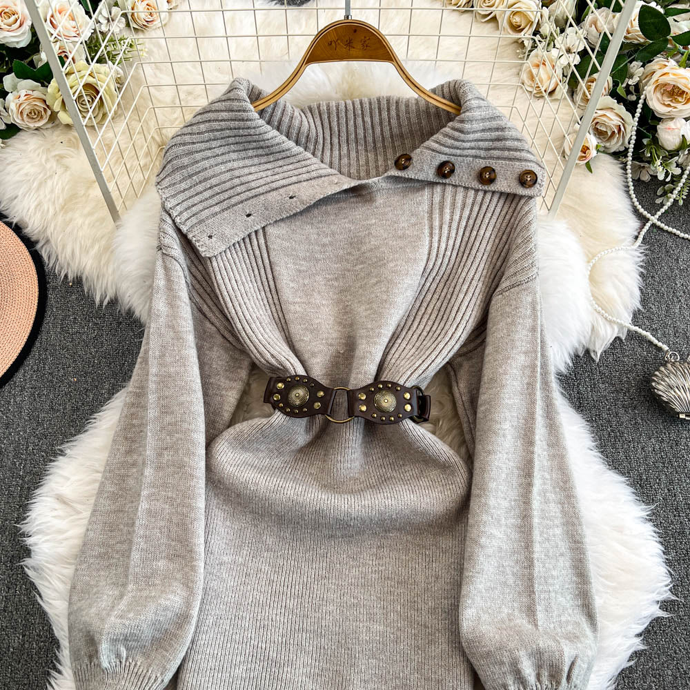 Lapeled Knitted Dress with Belt