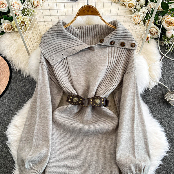 Lapeled Knitted Dress with Belt