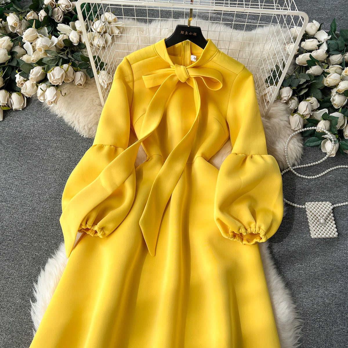 Bow-tie Solid Color Ruffled Dress