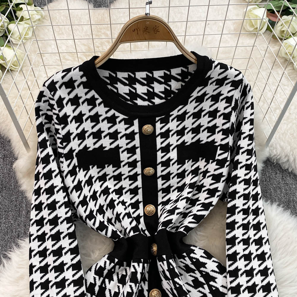 French Style Houndstooth Knitted Dress
