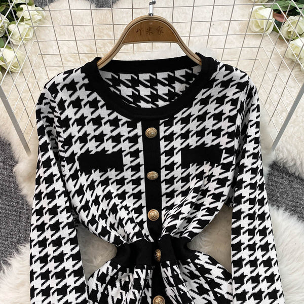 French Style Houndstooth Knitted Dress
