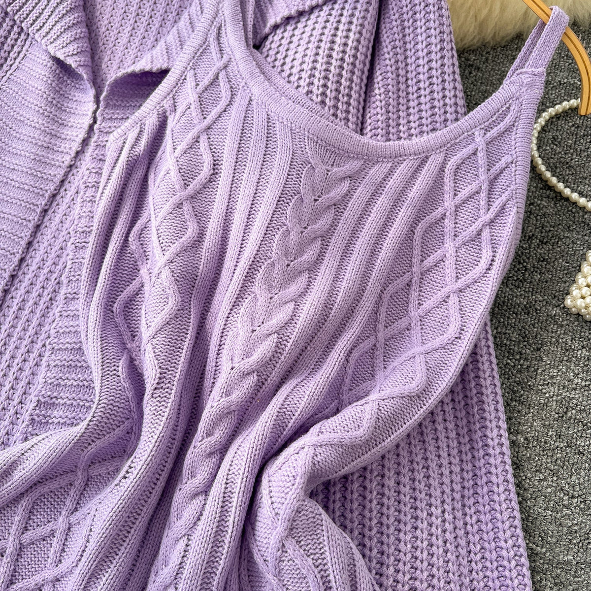 Lapel Cardigan&Slip Dress Knitted 2Pcs