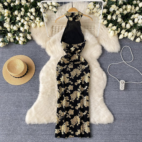 Sexy Gold Stamped Floral Black Dress