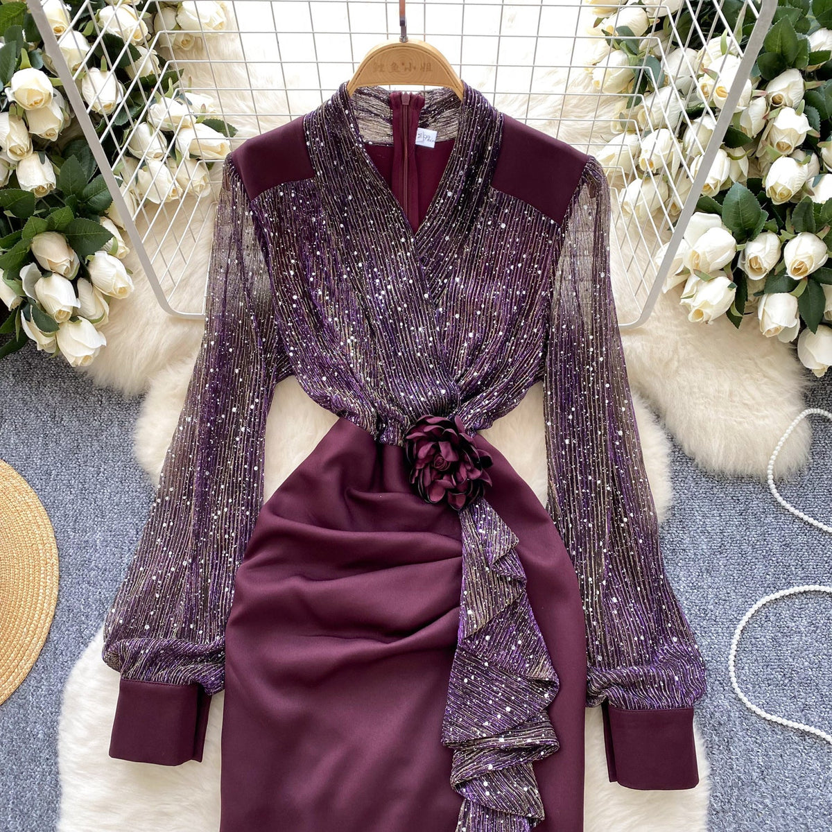 Sequined Mesh Patchwork Satin Dress