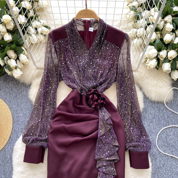 Sequined Mesh Patchwork Satin Dress