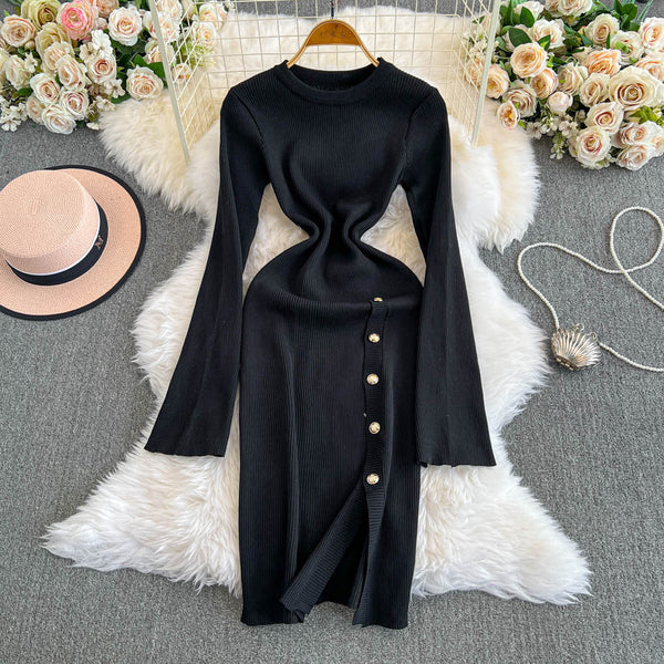 Round Collar Split Stretchy Knitted Dress