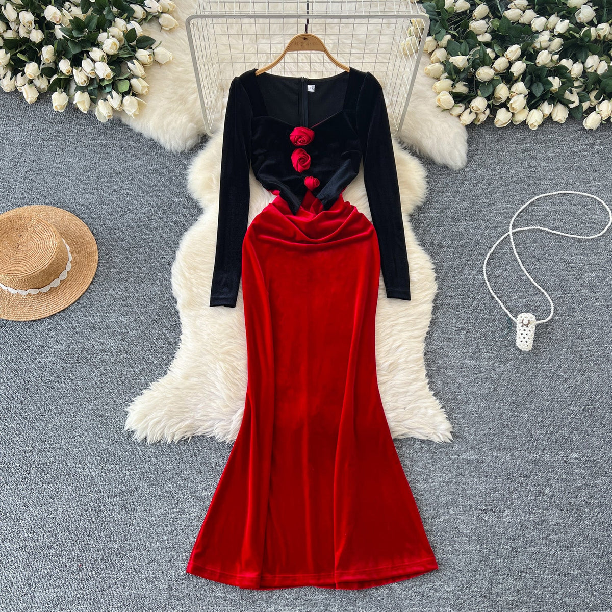 3D Floral Suede Patchwork Dress