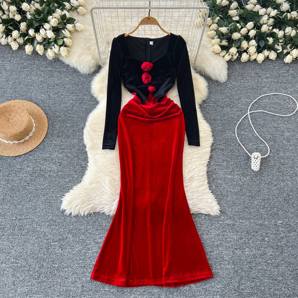 3D Floral Suede Patchwork Dress