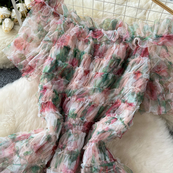 Off-shoulder Floral Puffy Mesh Dress