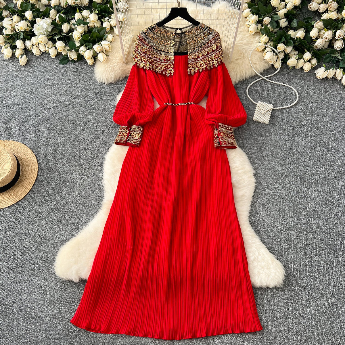 Ethnic Style Beaded Pleated Dress