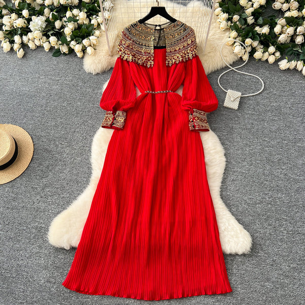 Ethnic Style Beaded Pleated Dress