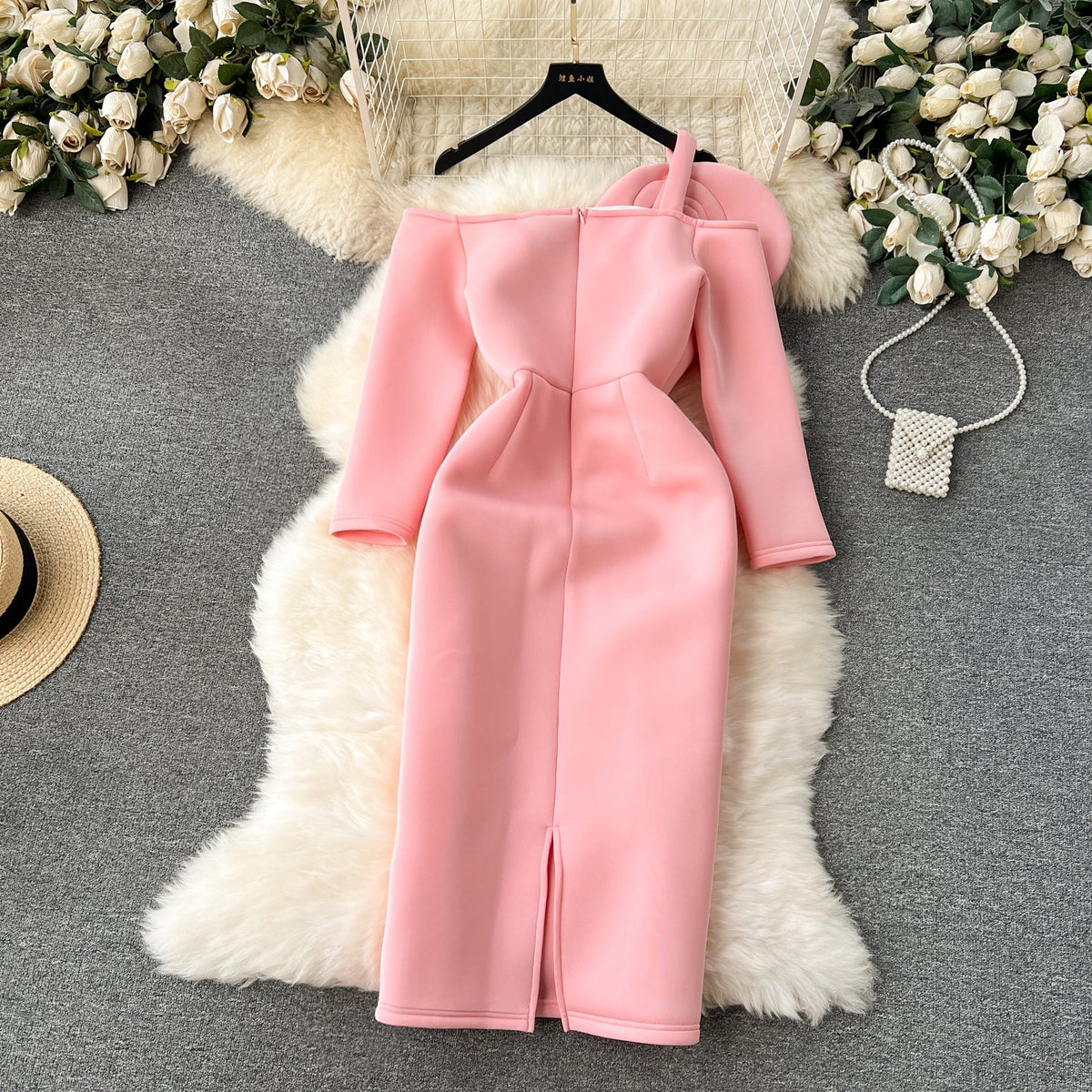 One-shoulder 3D Flower Slim Dress