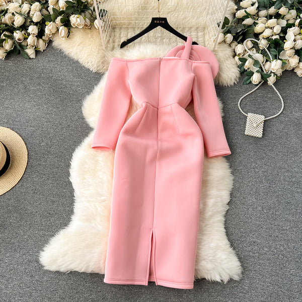 One-shoulder 3D Flower Slim Dress