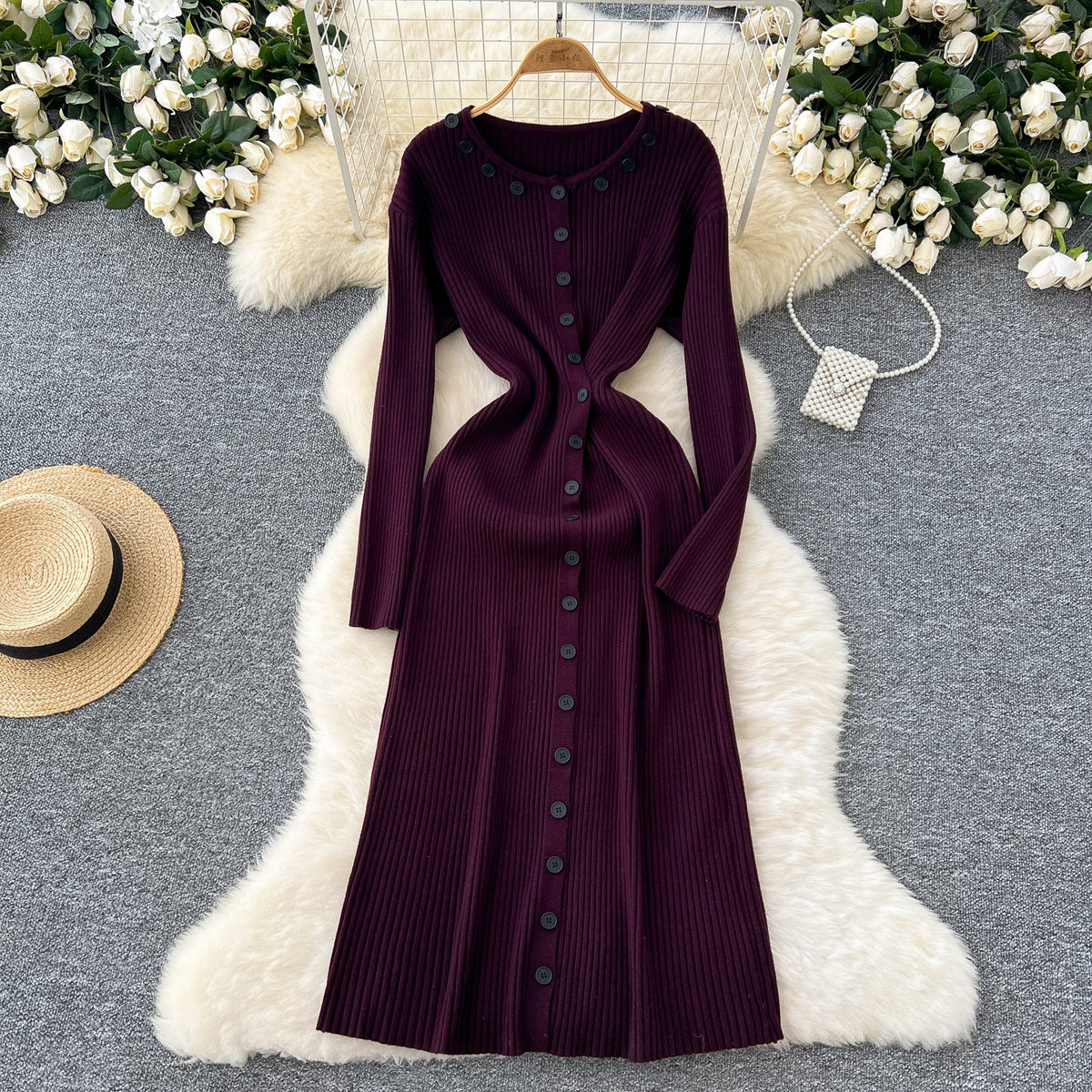 Round Collar Button Decorated Knitted Dress
