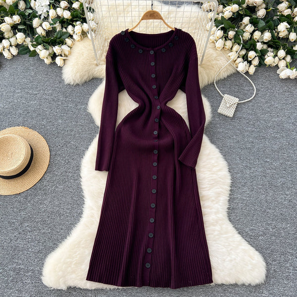 Round Collar Button Decorated Knitted Dress