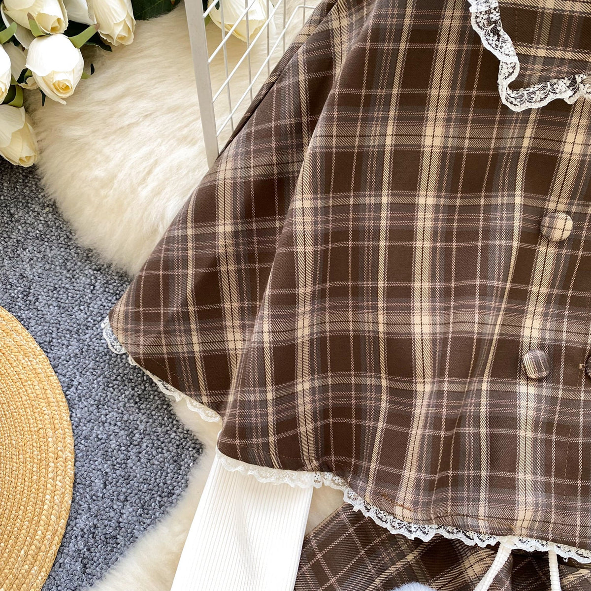 Faux Two-pieces Dress&Cape Plaid 2Pcs