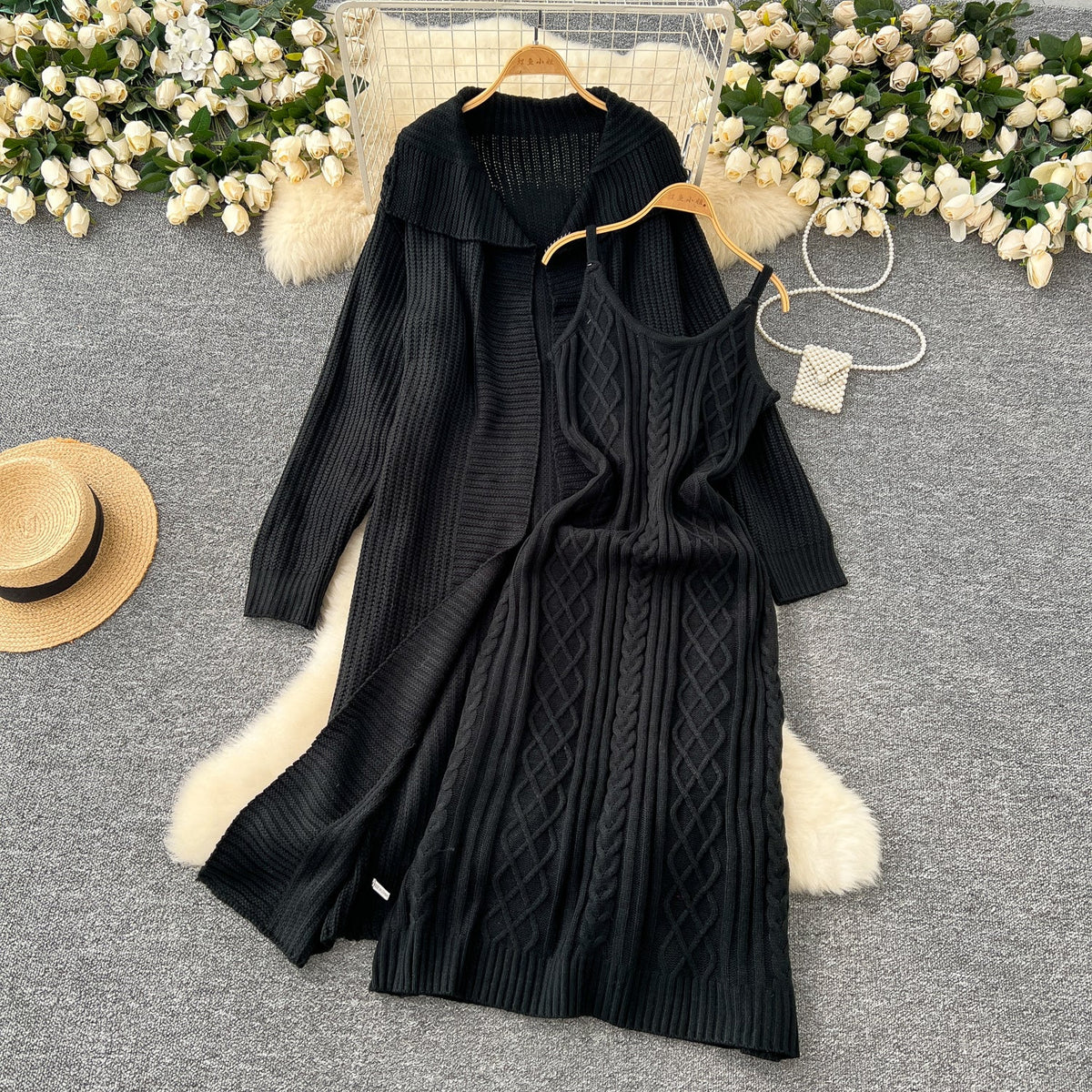 Lapel Cardigan&Slip Dress Knitted 2Pcs