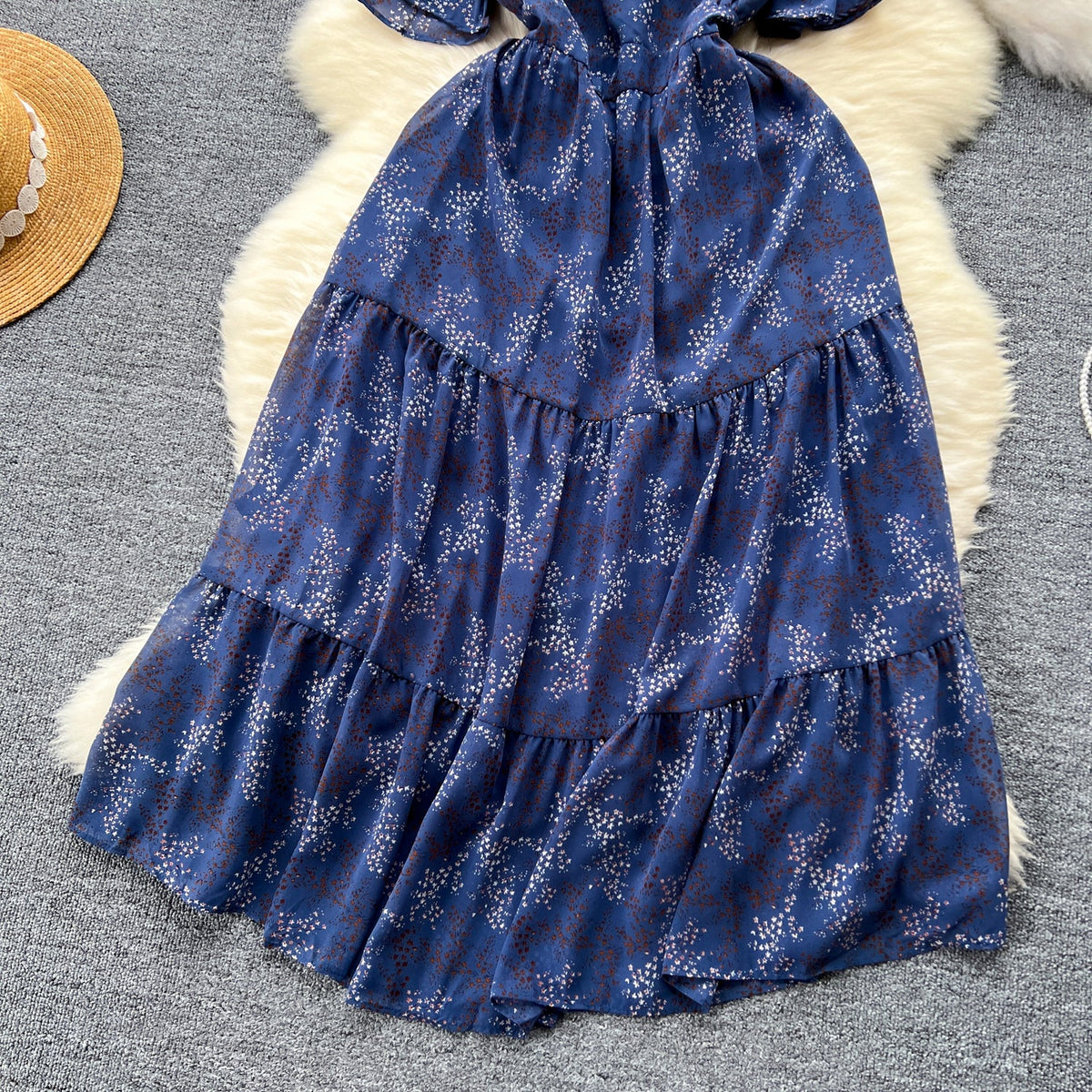 French Style V-neck Floral Chiffon Dress
