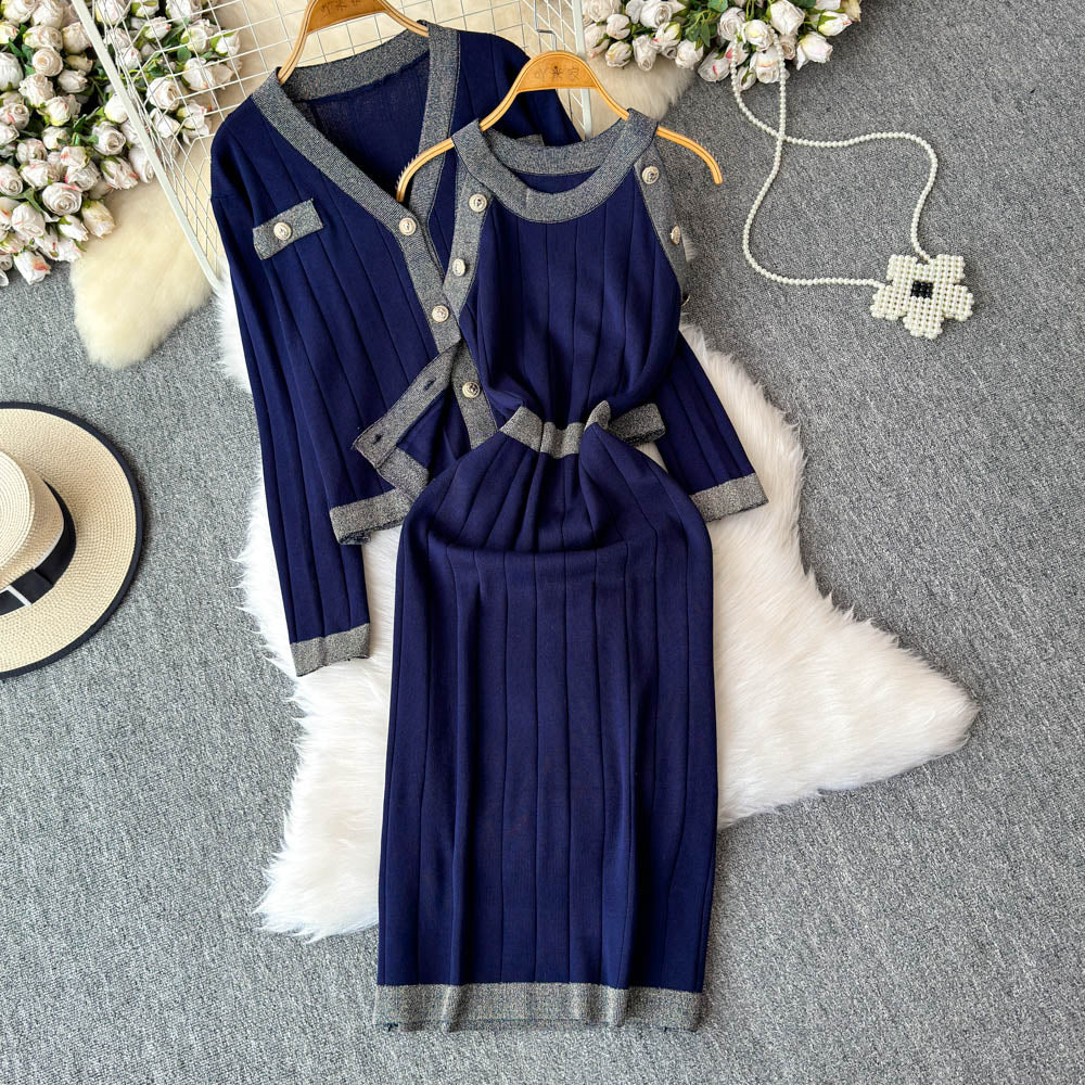 Cardigan&Vest Dress Color Blocking 2Pcs