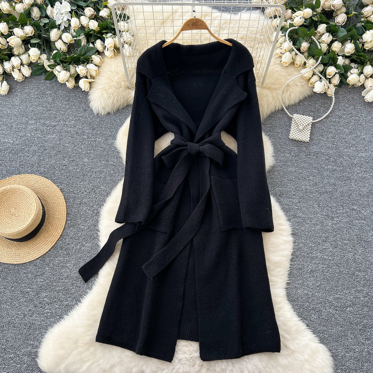 Red Knitted Dress&Lace-up Cardigan 2Pcs
