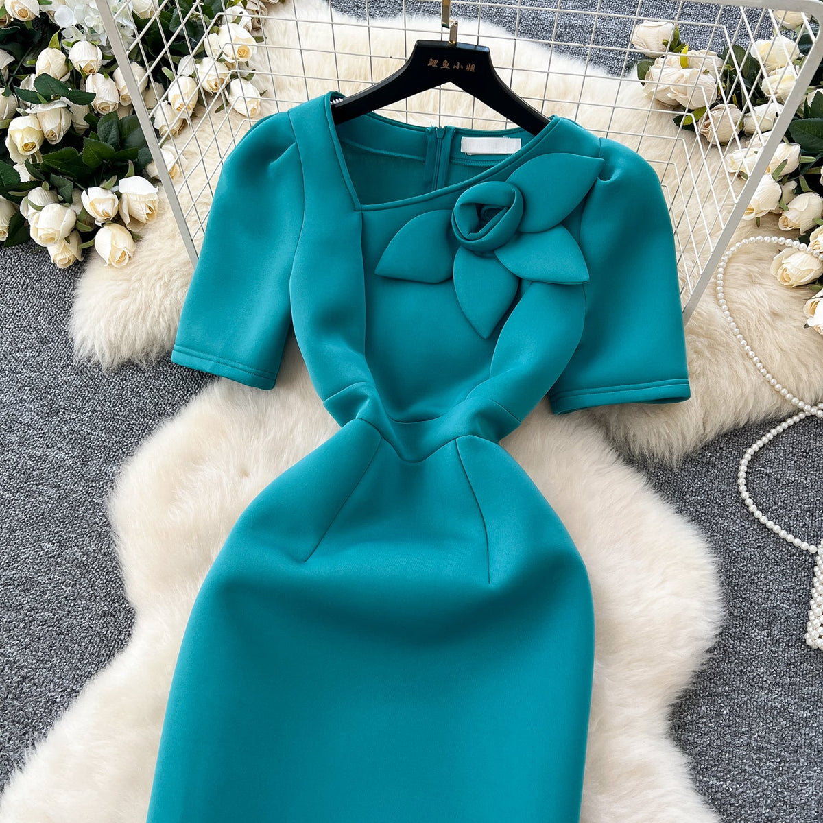 Slant Neckline Puffy Sleeve Dress