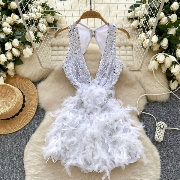 Hollowed Deep V-neck Sequined Dress