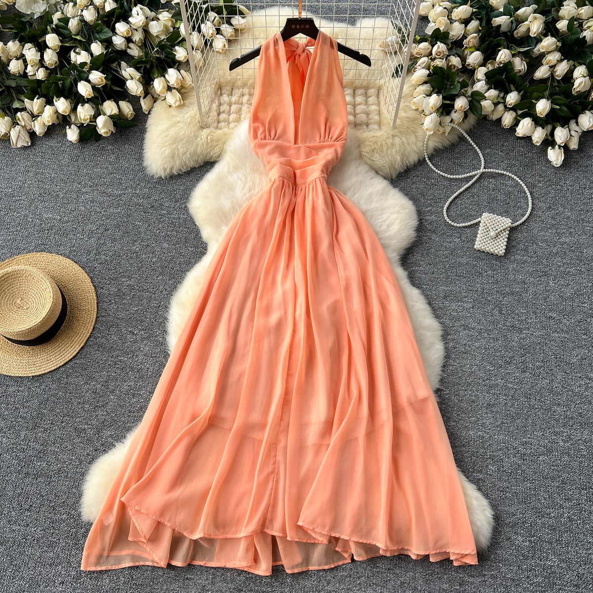 Orange Sleeveless Halter Chiffon Dress