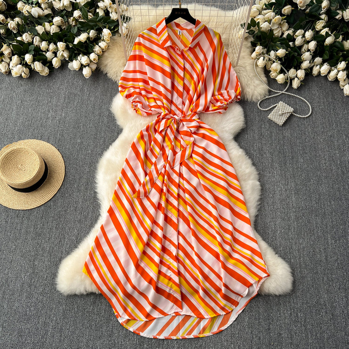 Colorful Slant Striped Shirt Dress