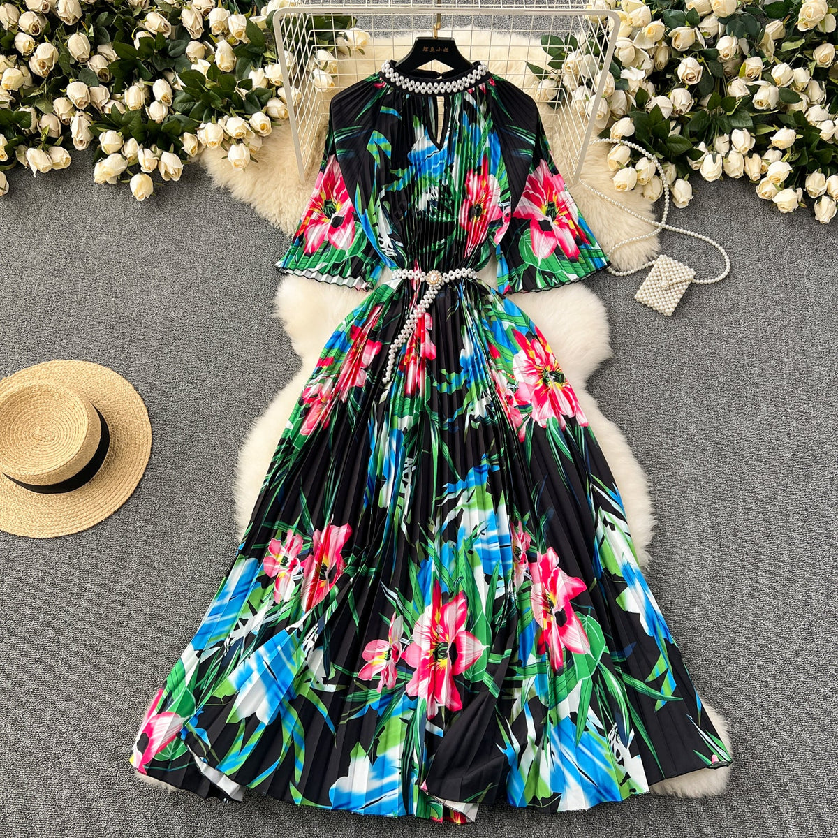 Beaded Crew Neck Printed Dress