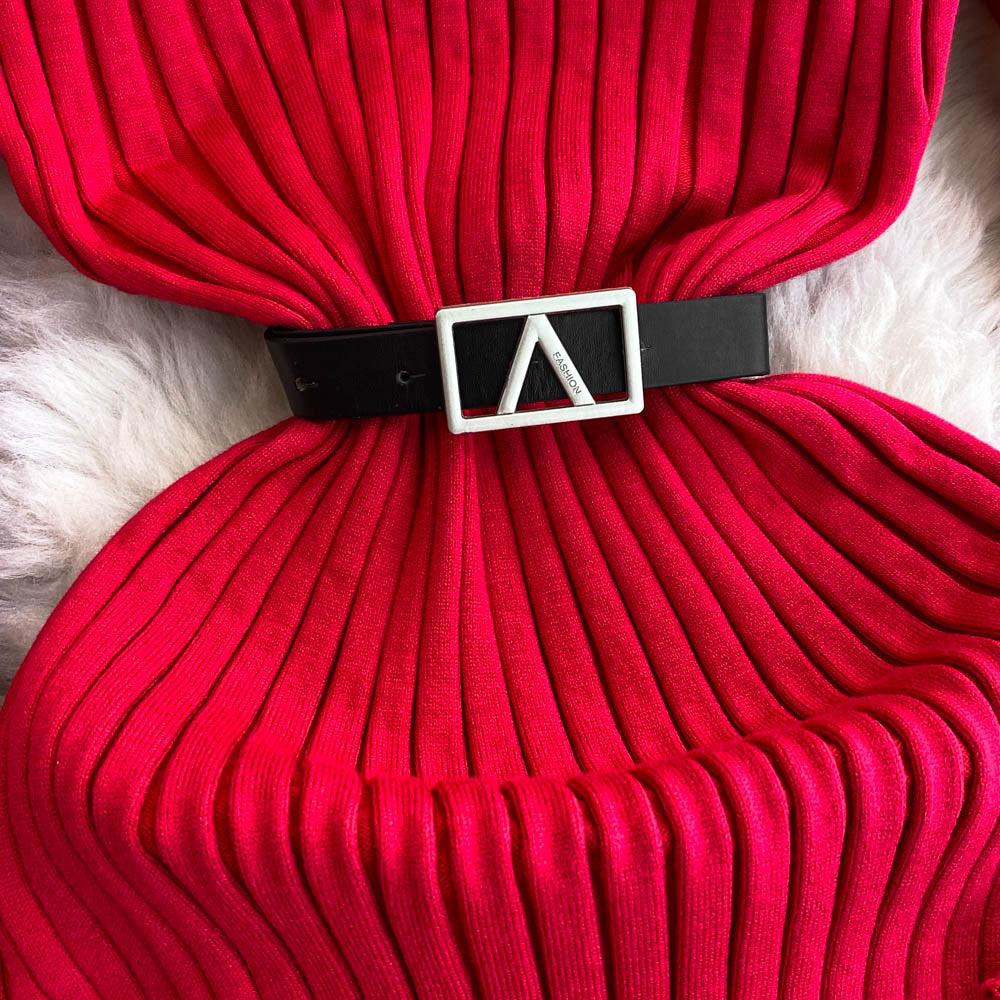 V-neck Elastic Knitted Dress with Belt