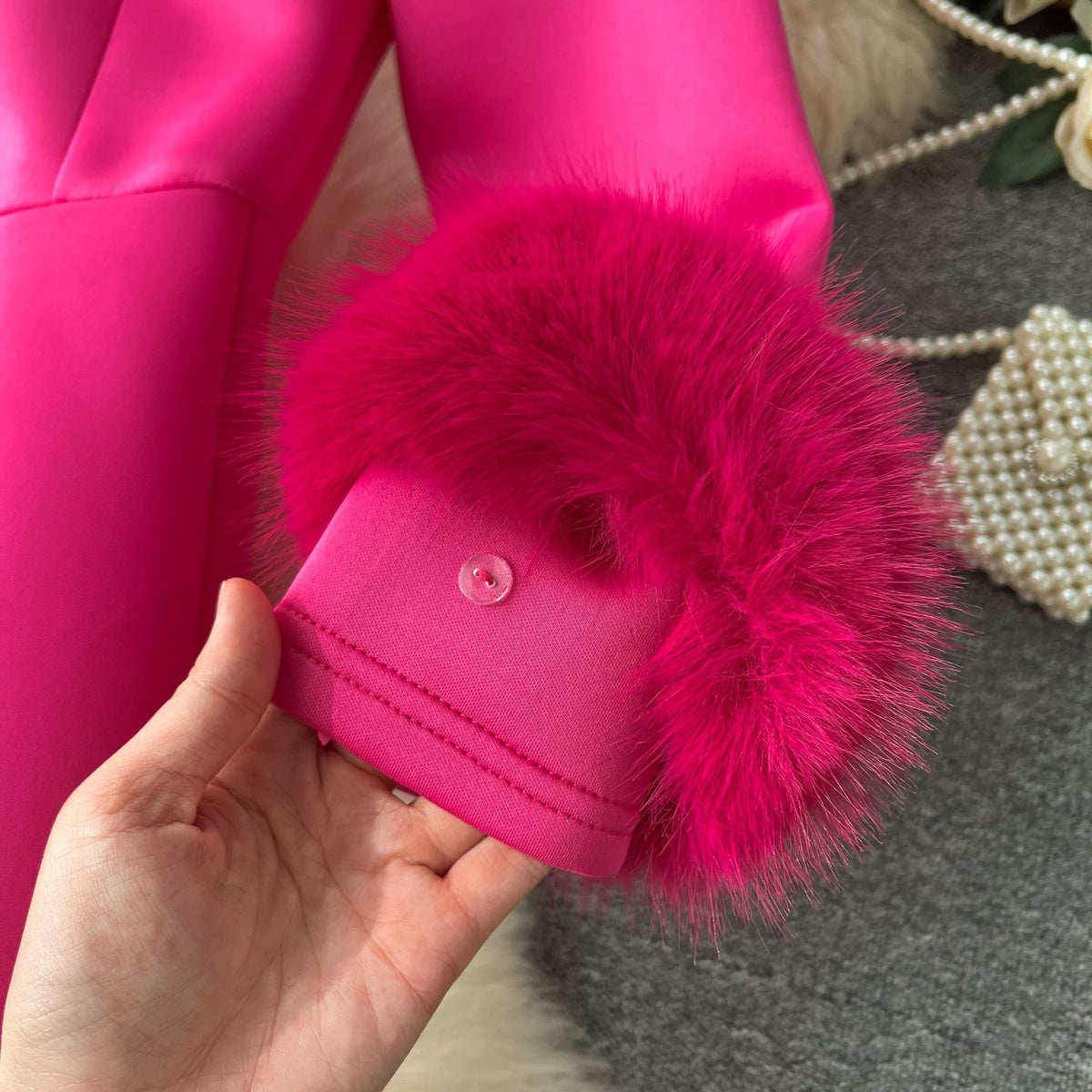 Furry Cuff Patchwork Rose Red Dress