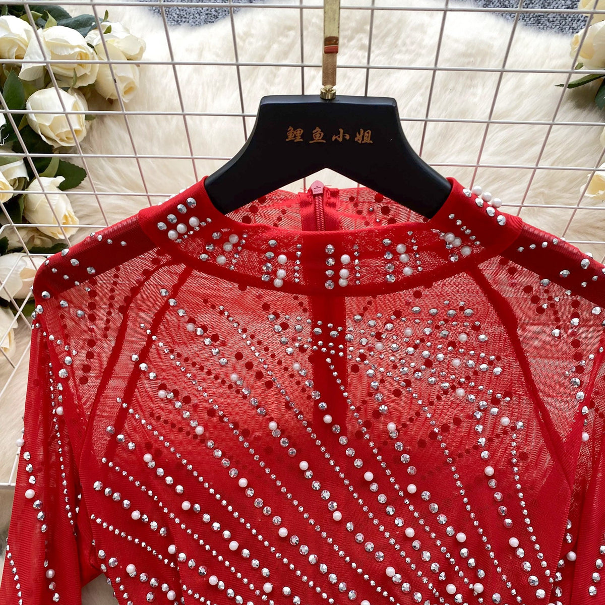 Rhinestone Studded Fringed Mesh Dress