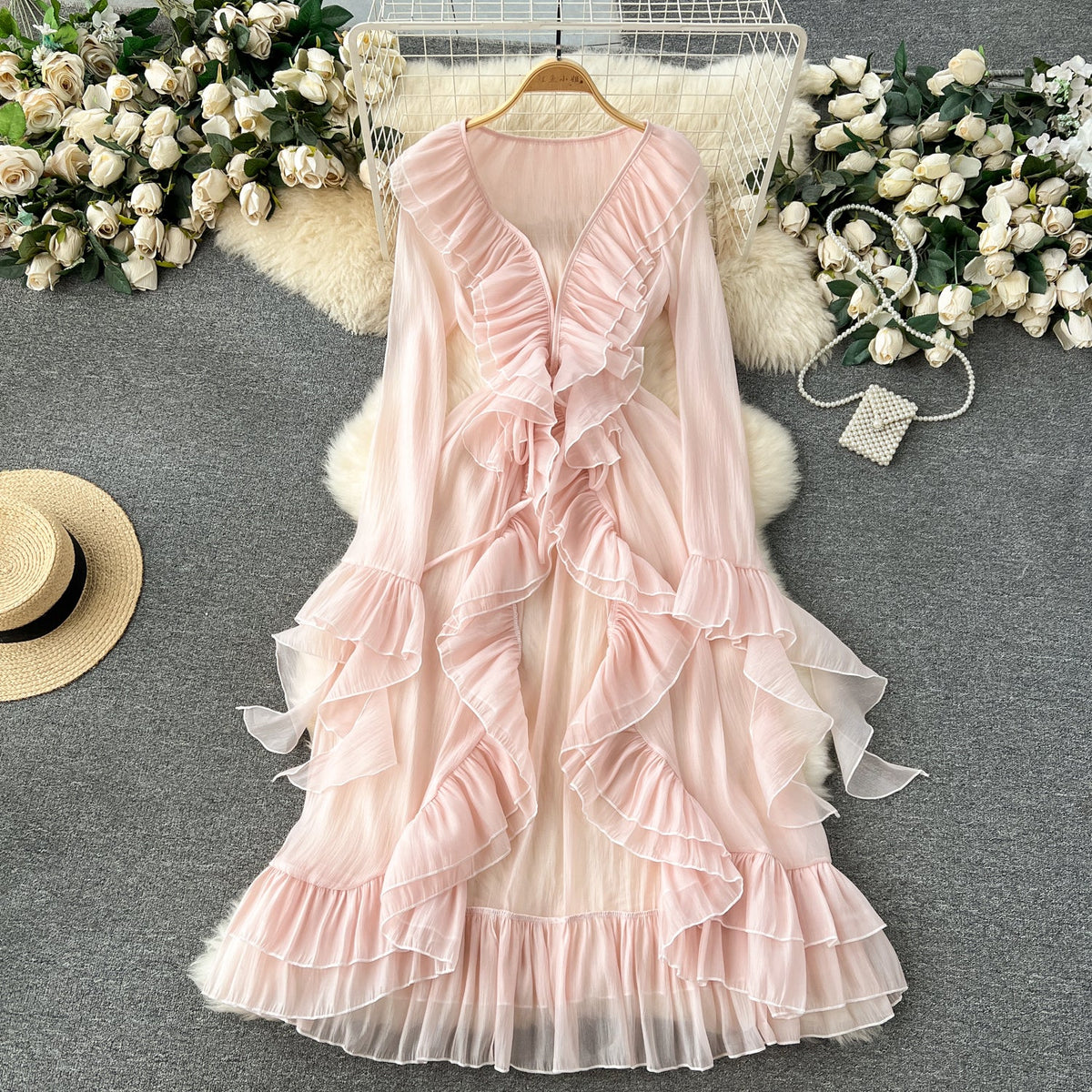 Fairy Pink Ruffled Chiffon Dress