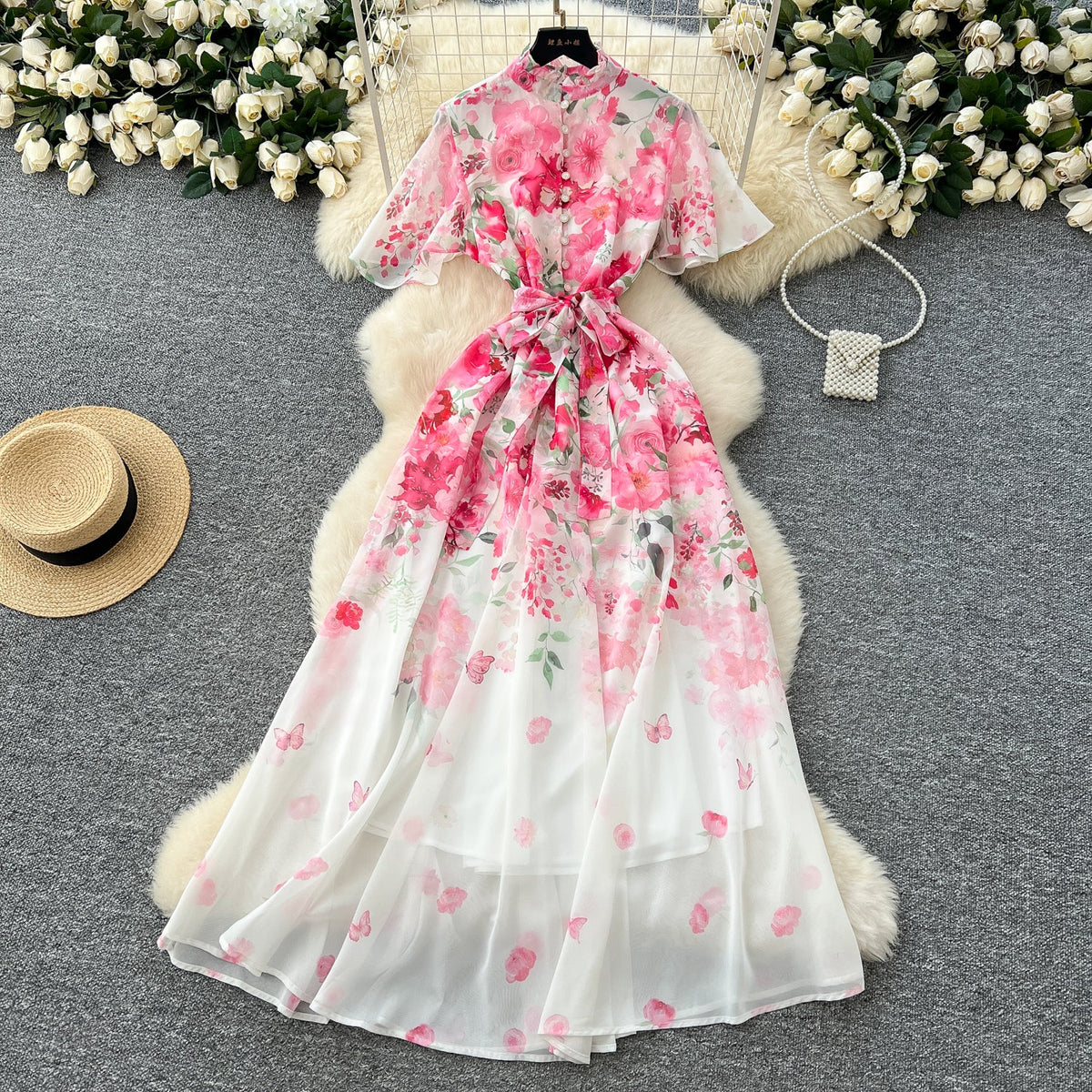 Lace-up Floral Printed Chiffon Dress