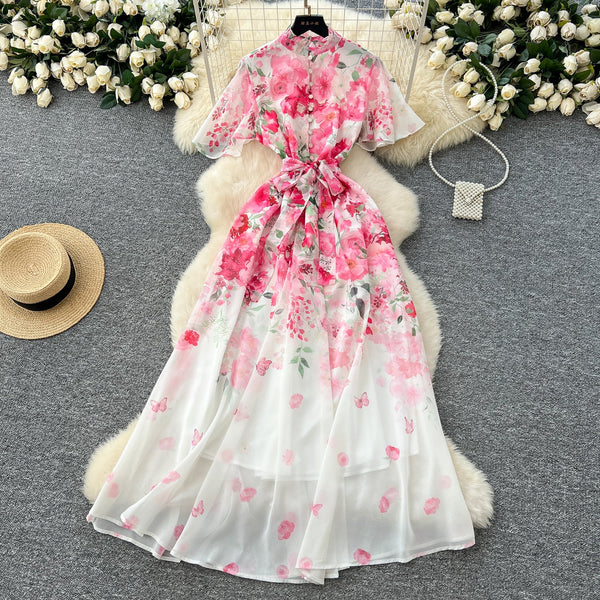 Lace-up Floral Printed Chiffon Dress