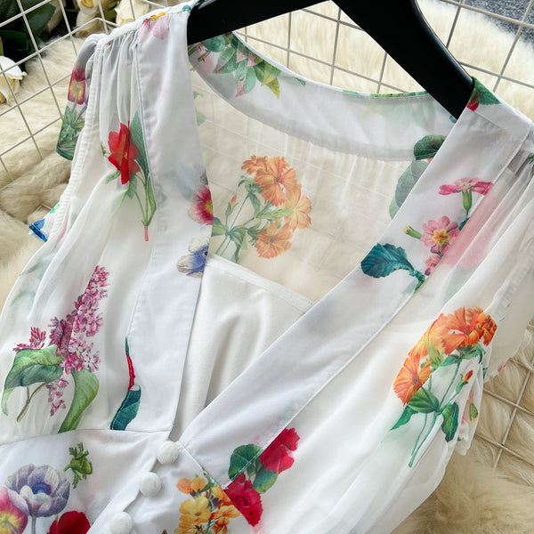Deep V-neck Floral Chiffon Dress