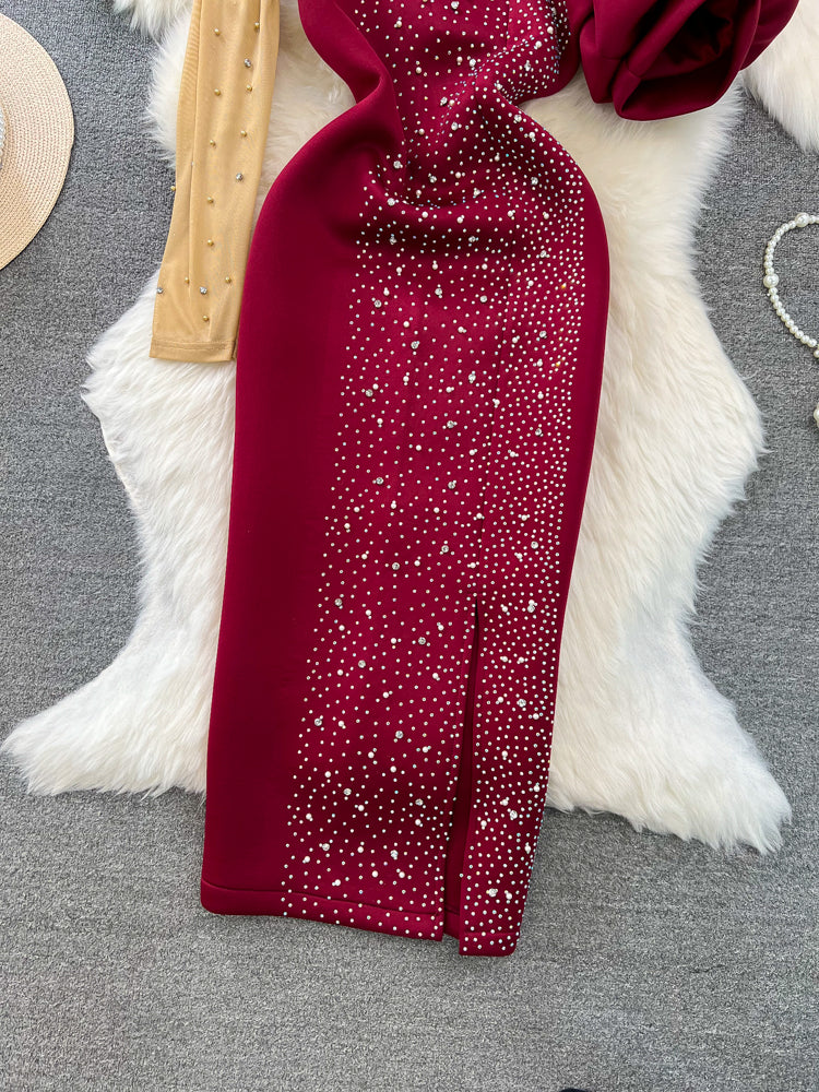 Irregular Design Beaded Mesh Patchwork Dress